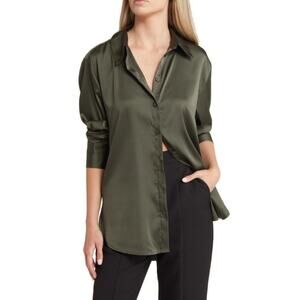 Open Edit Womens Satin Button Up Shirt Blouse Olive Green Size M